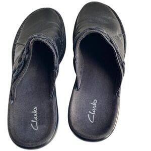Clarks Leather Clogs Black Mules Slip-on Low Heel SZ 8.50